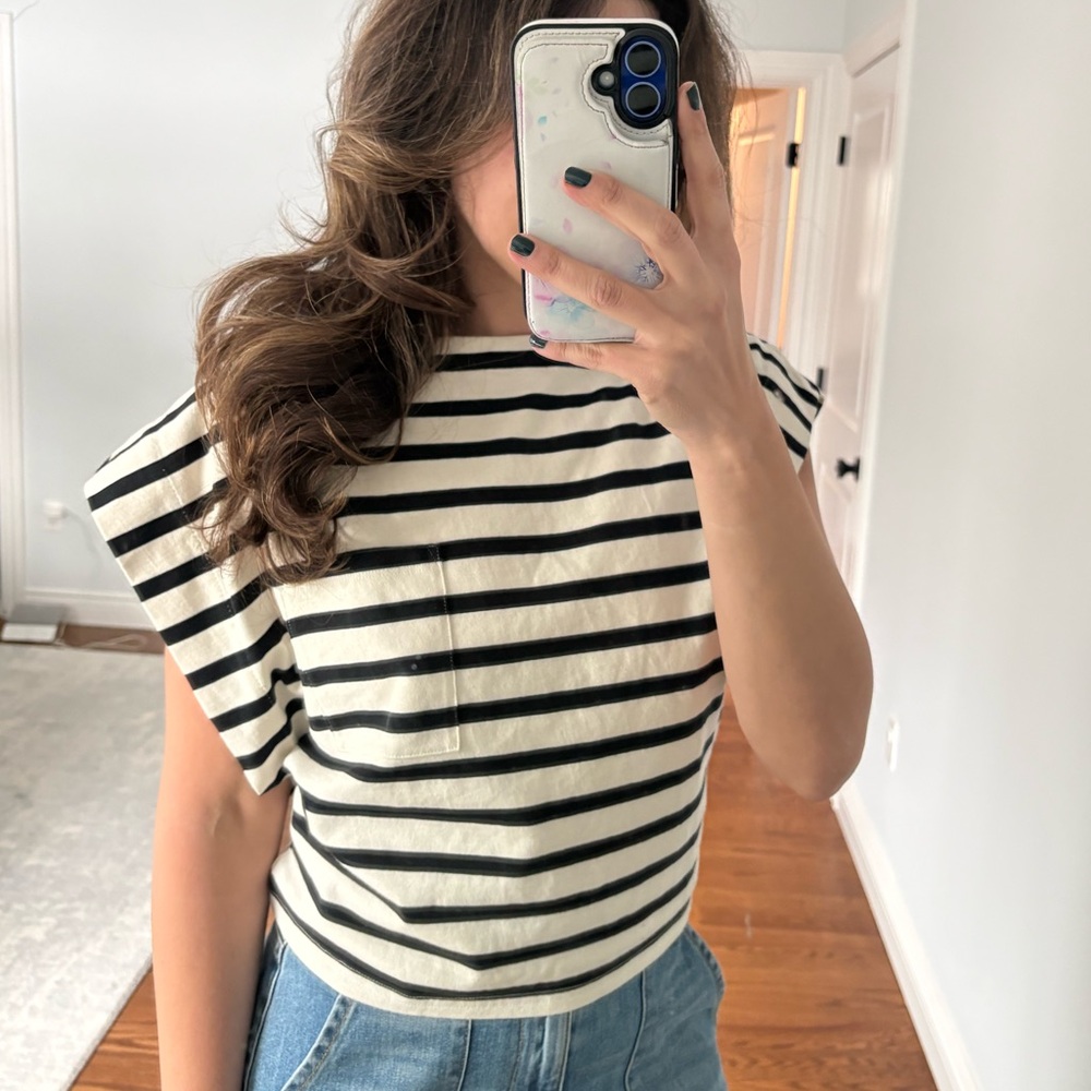 J. Crew Black and White Striped Cap-Sleeve Tee
